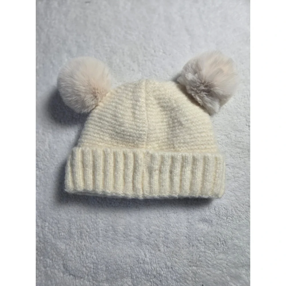 CC Kids Ivory Ribbed Knit Double Pom Beanie Hat Faux Fur Winter Warm RN